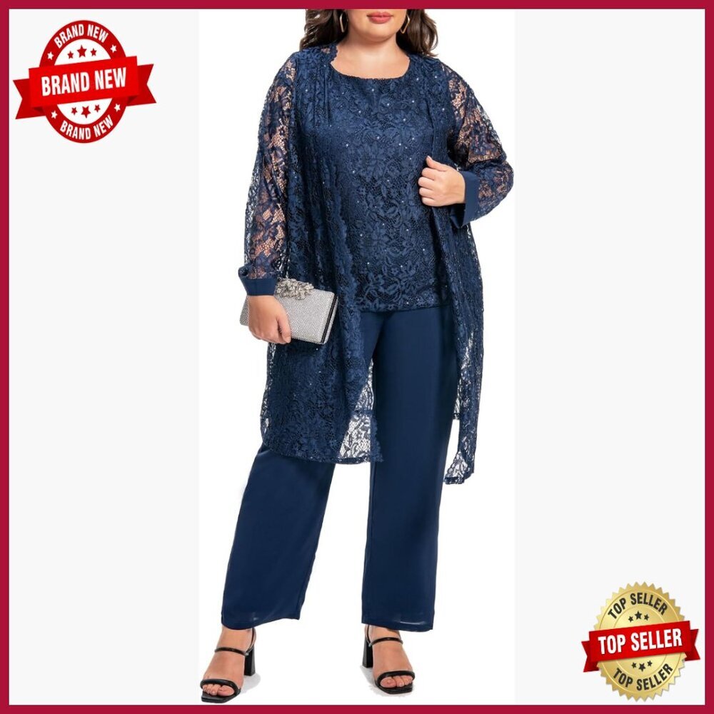 Plus Size Sequin Lace Jacket Chiffon Pant Suit Evening Gown Formal Wear